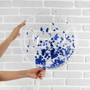 Шар прозрачный (61 см.) Bubble с конфетти синие сердечки. 1 шт.