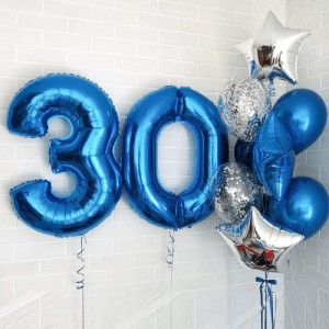 Набор воздушных шаров “Цифры 30 синие и фонтан из шаров”
