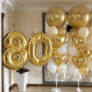 Набор воздушных шаров “Цифры 80 золотые и 2 фонтана из шаров”