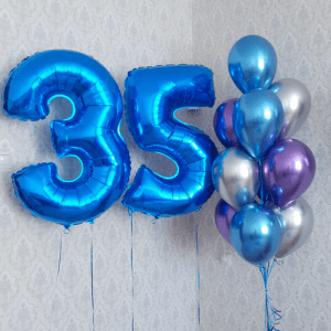 Набор воздушных шаров “Цифры 35 синие и букет шаров хром”