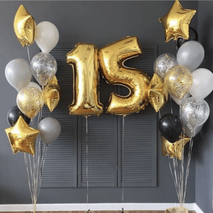 Набор воздушных шаров “Цифры 15 золотые и 2 фонтана из шаров”