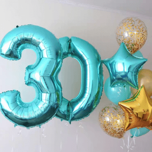 Набор воздушных шаров “Цифры 30 бирюзовые и фонтан из шаров”