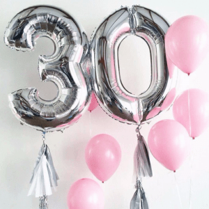 Набор воздушных шаров “Цифры 30 серебро и розовые шарики на отдельных грузах”
