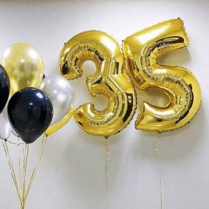 Набор воздушных шаров “Цифры 35 золотые и фонтан из 10 шаров”