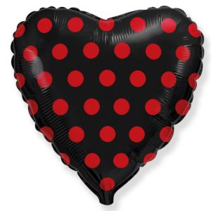 Фольгированный шар сердце (46 см.)”Горошек красный на черном” 1 шт.