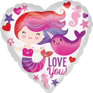 Фольгированный шар сердце (46 см.)”Люблю тебя (Русалочка и нарвал), Розовый” 1 шт.