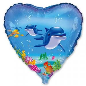 Фольгированный шар фигура сердце (45 см.)”Дельфины” 1 шт.