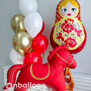 Набор шаров с матрешкой и красной лошадкой