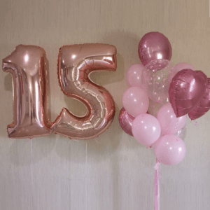 Воздушные шары «Цифры 15 розовое золото и фонтан из шаров»