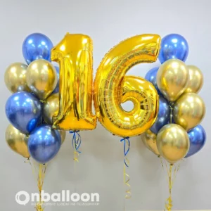 Набор сине-золотых шаров на 16 лет