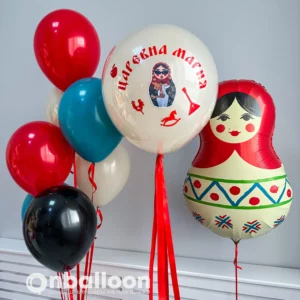 Набор разноцветных шаров с матрешкой и надписью